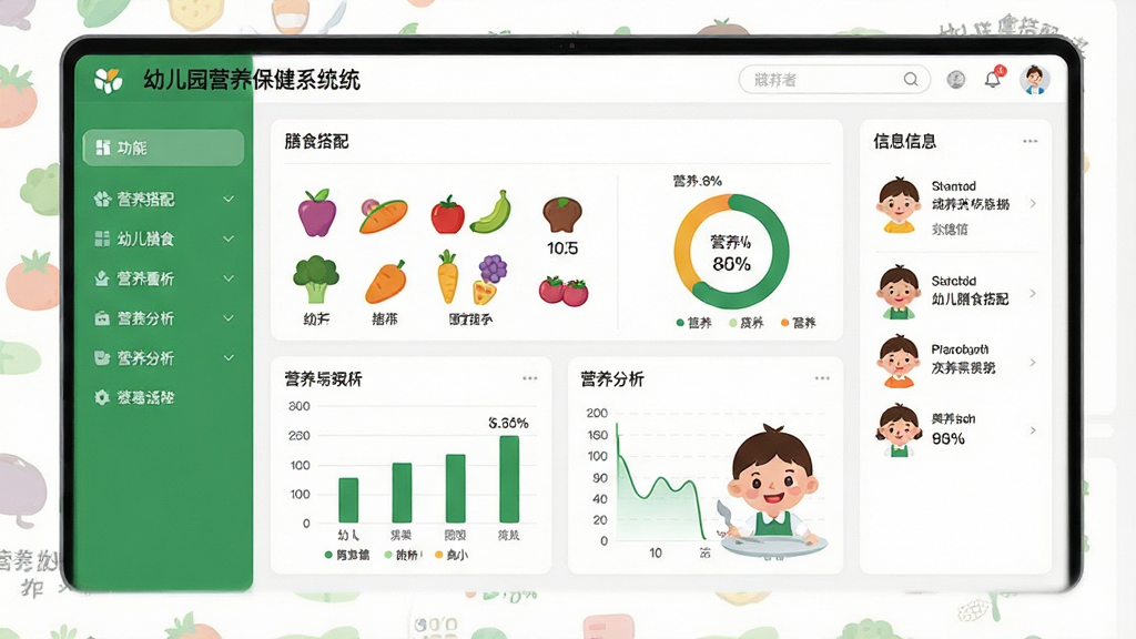 主体:幼儿园营养保健系统软件界面,展示幼儿膳食搭配与营养分析看板;布局:左侧功能菜单、中央数据图表、右侧信息栏;排版:简洁明快,信息层级分明;风格:现代扁平化设计,以绿色和白色为主色调;细节:屏幕上有彩色食物图标、营养百分比环形图、幼儿卡通头像;画质:高清,干净,无多余元素