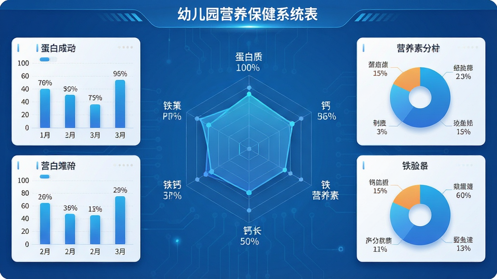 主体:幼儿园营养保健系统营养分析图表界面;布局:中央为雷达图,四周为柱状图与饼图;排版:图表排列整齐,标签清晰;风格:科技感蓝色调,带柔和阴影;细节:图表中显示蛋白质、钙、铁等营养素名称及百分比;画质:高分辨率,干净,无多余元素