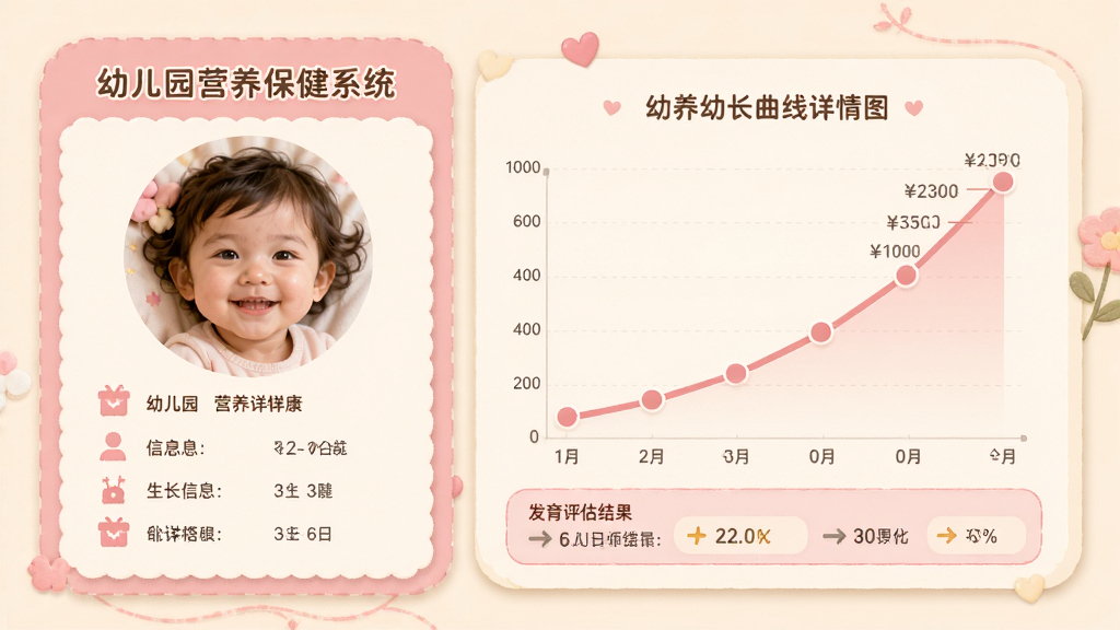 主体:幼儿园营养保健系统幼儿健康档案详情页;布局:左侧为幼儿头像及基本信息,右侧为生长曲线图;排版:卡片式设计,信息分区明确;风格:温馨可爱,粉色与米色搭配;细节:生长曲线上有多个标记点,底部有发育评估结果;画质:柔和,干净,无多余元素