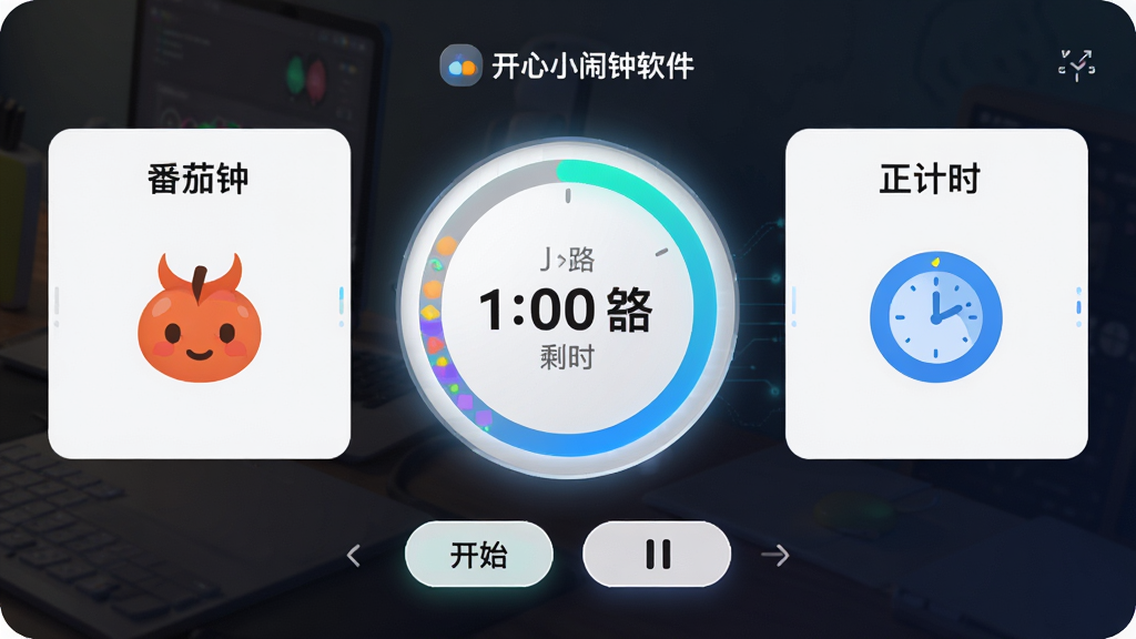 ���壺����С���������Ķ�ģʽ��ʱ�����棬չʾ�����ӡ�����ʱ�Ȳ�ͬģʽ�����֣������Ϊ������Ƭ���ֱ��ע�������ӡ���������ʱ����������ʱ�����м���һ����Բ�ν��Ȼ����Ű棺��Ƭˮƽ���У����Ȼ��·��п�ʼ����ͣ��ť����񣺼�Լ�ִ����Ƽ���ʮ�㡣ϸ�ڣ�ÿ����Ƭ�в�ͬ��ɫ��ͼ�꣬���Ȼ���ʾʣ��ʱ�䣬���������׶������ʣ����壬�ɾ����޶���Ԫ�ء�