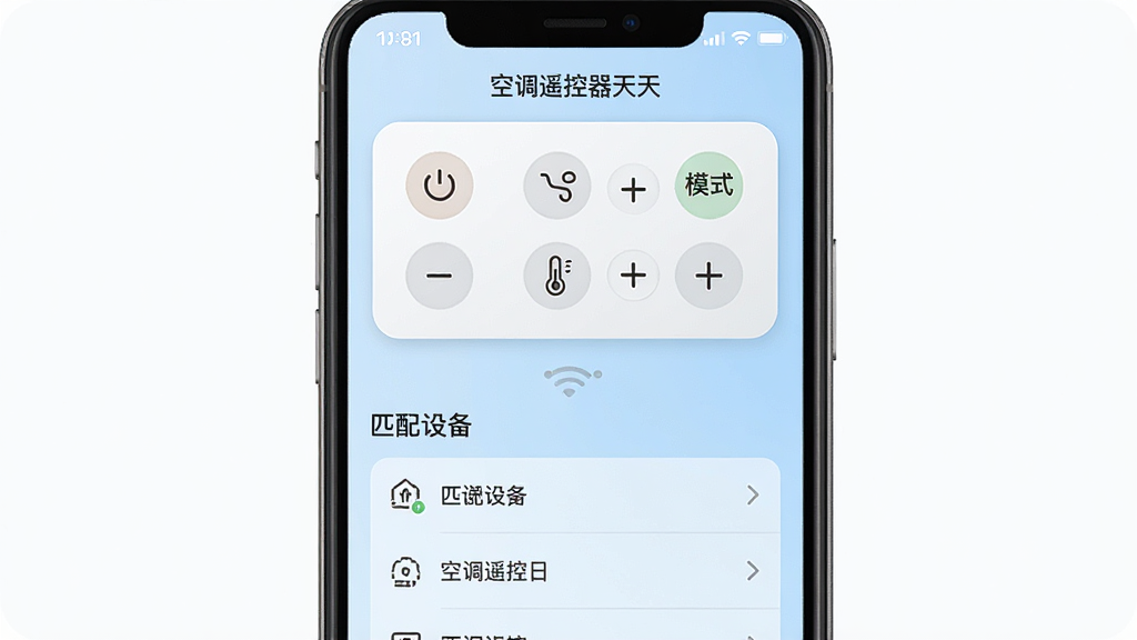 һ�������ֻ���Ļ���м���ʾ���յ�ң�������족APP�����棬�������Լ�������ϰ벿����һ������ң������壬�е�Դ��ģʽ���¶ȼӼ��Ȱ���ͼ�꣬�°벿����ʾ��ƥ���豸�б�������Ϊ����ɫ���䣬���岼�ָɾ����࣬���ʸ��壬�޶���Ԫ��