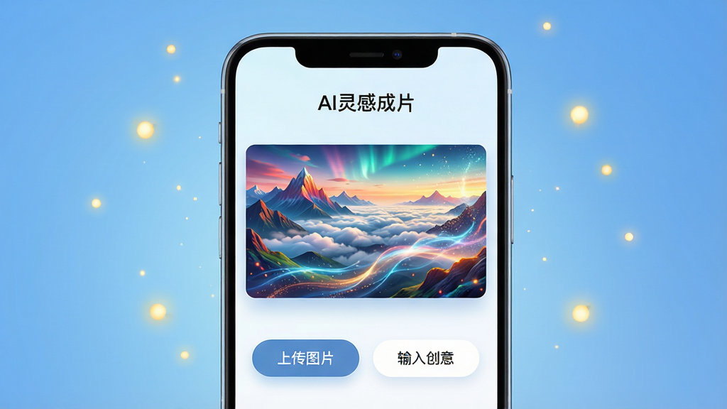 ���壺һ�������ֻ���Ļ��ʾ��AI��г�Ƭ��Ӧ�ý��棬����������һ����ƵԤ�����ڣ�չʾһ����AI���ɵĶ�̬�羰��Ƶ������ɫ��Ѥ������ɽ�����ƺ��������Ĺ�Ӱ�����֣��ֻ����У�����Ϊ�ɾ��Ľ�����ɫ�����һ�������Χ��׺���������Ľ�ɫ��㡣�Ű棺��Ļ�Ͽɼ�Ӧ�����ơ�AI��г�Ƭ���������·��С��ϴ�ͼƬ���͡����봴�⡱�������ⰴť����񣺿Ƽ��С��ִ��С�����ͨ͸��ϸ�ڣ���ƵԤ����������΢С��������Ч���ֻ���Ե����ͷ��⡣���ʣ�8K�����壬ϸ�ڷḻ���ɾ��޶���Ԫ�ء�