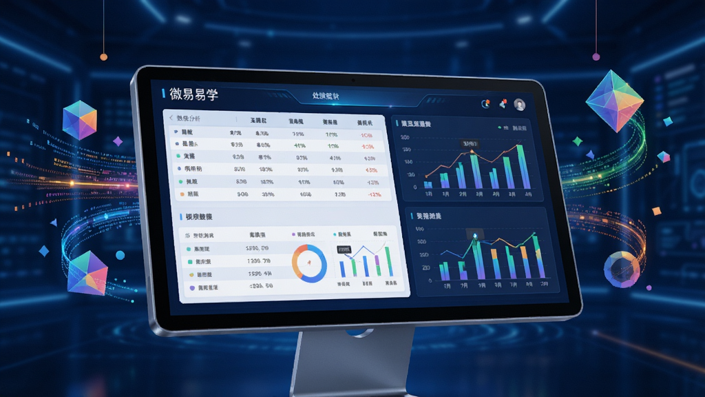 微易学生成绩图表分析处理软件预览图,画面中央为一个大型触摸屏显示器,上面展示着多维度成绩分析界面,包含数据表格和动态图表,屏幕周围环绕着彩色数据流和几何图形,背景为深蓝色科技感空间,风格专业且富有现代感,画质清晰,干净,无多余元素