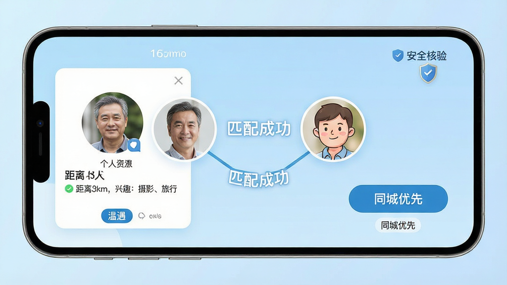 ���壺�ֻ���Ļչʾ����APP��ƥ����棬������ͨ����ͷ��ͨ���������ӣ��м���ʾ��ƥ��ɹ������������֣������࣬���Ϊ�������Ͽ�Ƭ���Ҳ�Ϊƥ�䰴ť������Ϊ����ɫ���䣻�Ű棺��Ƭ����ʾ������3km����Ȥ����Ӱ�����С�����ť�·��С�ͬ�����ȡ���ǩ����񣺱�ƽ��UI��ƣ�ɫ��������ϸ�ڣ�ͷ��Ϊ��ʵ�е�������Ů��Ƭ�������С���ȫ���顱С����ͼ�ꣻ���ʣ����壬�ɾ����޶���Ԫ��