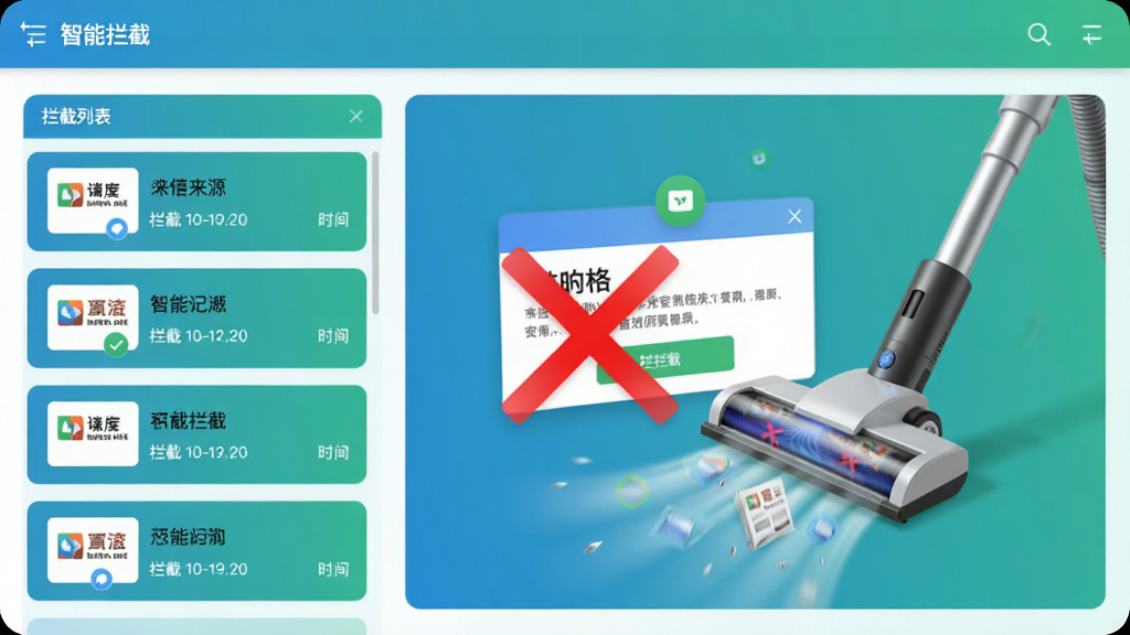 主体:弹窗吸尘器软件的“智能拦截”页面,展示一个广告弹窗被红色叉号标记并自动移除的过程。布局:左侧为拦截列表,右侧为实时拦截动画。排版:拦截项以卡片形式排列,包含弹窗来源和拦截时间。风格:简洁清新,配色以蓝绿为主,突出安全感。细节:动画显示吸尘器将弹窗吸入,画面流畅,画质清晰,无多余元素。