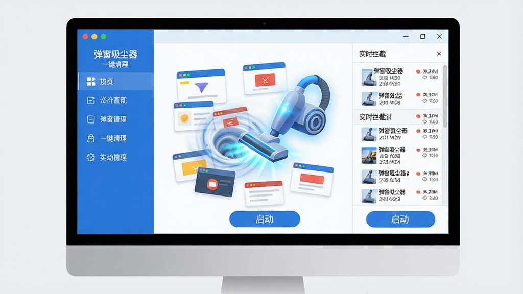 主体:弹窗吸尘器软件界面,一个现代简约的电脑桌面,屏幕上有一个悬浮的吸尘器图标正在吸附周围的弹窗广告。布局:左侧为软件功能列表,右侧为实时拦截日志,底部为启动按钮。排版:界面整洁,图标清晰,文字标注“弹窗吸尘器”及“一键清理”。风格:科技感,扁平化设计,色彩以蓝色和白色为主。细节:吸尘器图标带有光芒效果,弹窗广告被吸入漩涡中,画质高清,干净,无多余元素。