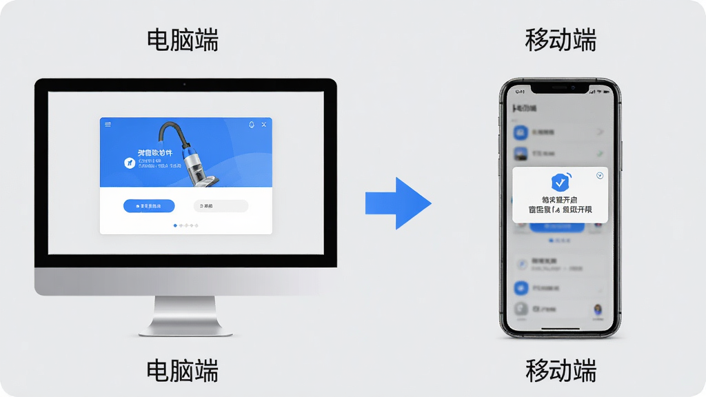 主体:弹窗吸尘器软件运行在电脑和手机上的对比图,左侧为电脑端界面,右侧为手机端界面,中间有同步箭头。布局:左右对称,背景为浅灰色。排版:界面元素清晰,标注“电脑端”和“移动端”。风格:现代简洁,蓝色主题。细节:手机端显示悬浮窗权限开启提示,画质高清,干净,无多余元素。