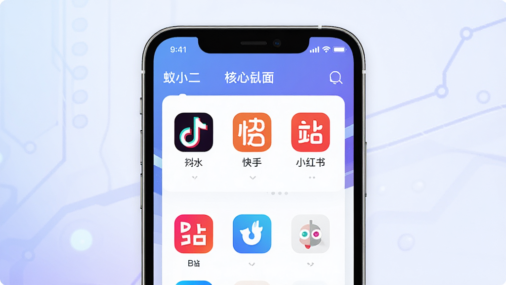 一张展示蚁小二APP核心界面的高清产品预览图,画面中央是手机模拟界面,显示多平台账号管理列表,包含抖音、快手、小红书、B站等图标,背景为渐变的科技蓝紫色,界面布局清晰简洁,排版规整,风格现代简约,细节丰富,画质清晰干净,无多余元素