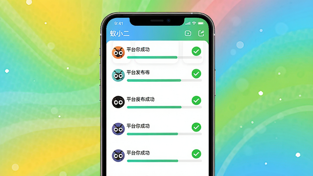 蚁小二一键发布操作演示图,画面中央为手机界面,显示多个平台发布进度条,全部显示成功状态,背景为明亮清新的渐变色彩,布局直观,风格活泼,细节清楚,画质干净,无多余元素