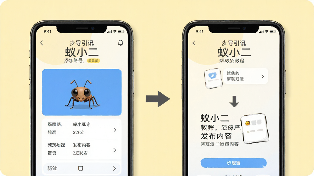 蚁小二使用教程步骤图,画面为手机界面逐步引导添加账号和发布内容的流程,背景为淡黄色,布局步骤清晰,风格简洁,细节清楚,画质干净,无多余元素
