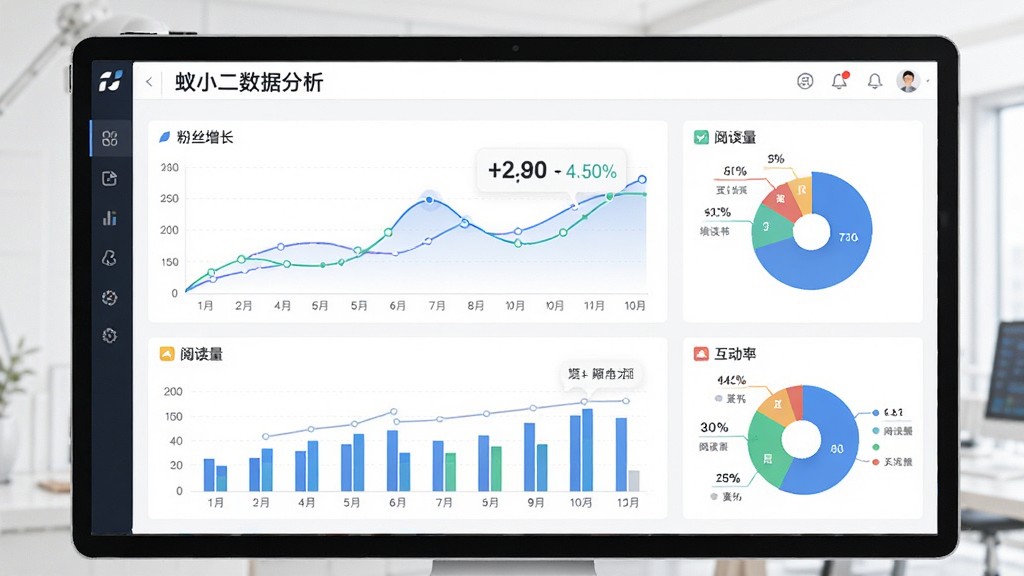 蚁小二数据分析图表展示图,画面为数据看板界面,包含曲线图、柱状图和饼图,展示粉丝增长、阅读量、互动率等指标,背景为白色,布局专业,风格商务,细节丰富,画质清晰,无多余元素