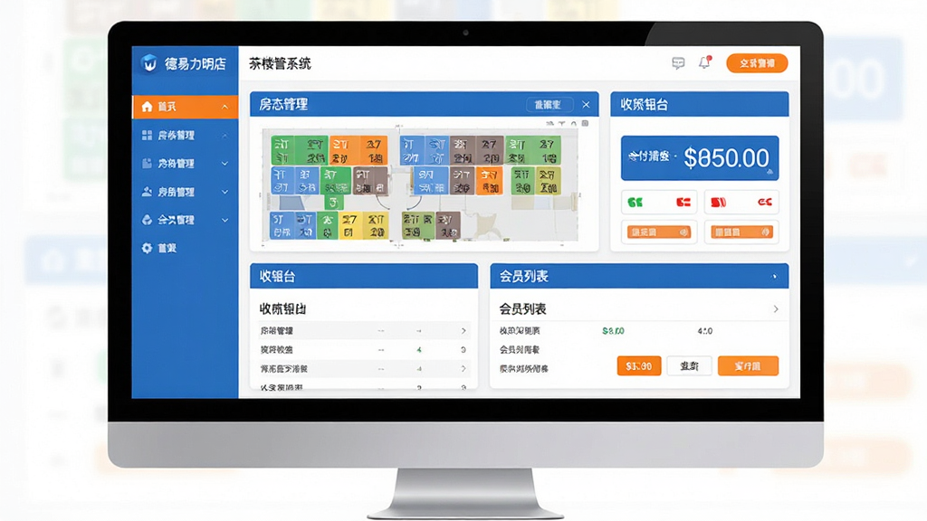 主体:德易力明酒店茶楼管理系统界面展示,电脑屏幕显示房态管理、收银台、会员列表等模块;布局:屏幕居中,前后台功能模块清晰分区,左侧导航栏、右侧数据看板;排版:扁平化设计,信息层级分明,色彩以蓝白为主,辅以橙色高亮按钮;风格:现代商务,科技感;细节:屏幕中房态图用不同颜色标记已订/空闲/清洁中,收银台显示金额与支付方式图标;画质:高清渲染,干净无多余元素。