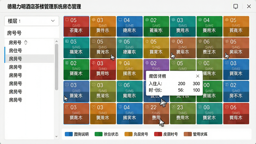 主体:德易力明酒店茶楼管理系统房态管理界面,屏幕显示彩色房态网格图,不同颜色代表不同状态;布局:房态图占据主画面,左侧为楼层筛选与房号列表,底部为图例说明;排版:网格状排列,每个房格显示房号与状态文字;风格:简洁明快,数据可视化;细节:鼠标指针悬停在某个房间上,弹出房间详情小窗,显示入住人、时长、费用;画质:清晰细腻,无多余元素。