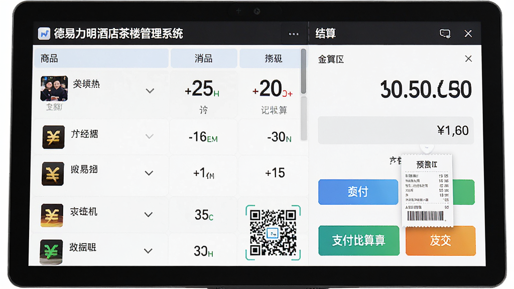 主体:德易力明酒店茶楼管理系统收银结算界面,屏幕显示收银台操作面板,商品列表、金额汇总、支付方式按钮;布局:左侧为消费明细列表,右侧为结算区,底部为收款二维码;排版:信息流从上到下,金额加大加粗显示;风格:商务实用,色彩明亮;细节:支付方式图标清晰,找零金额自动计算,小票预览窗口弹出;画质:高清,干净无多余元素。