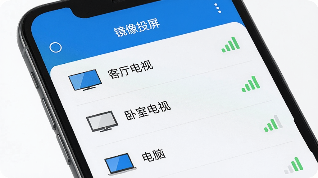 手机屏幕展示“镜像投屏”的设备搜索列表界面,列表中有“客厅电视”“卧室电视”“电脑”等设备名称,每个设备旁边有信号强度图标,界面简洁清爽,画质干净,无多余元素