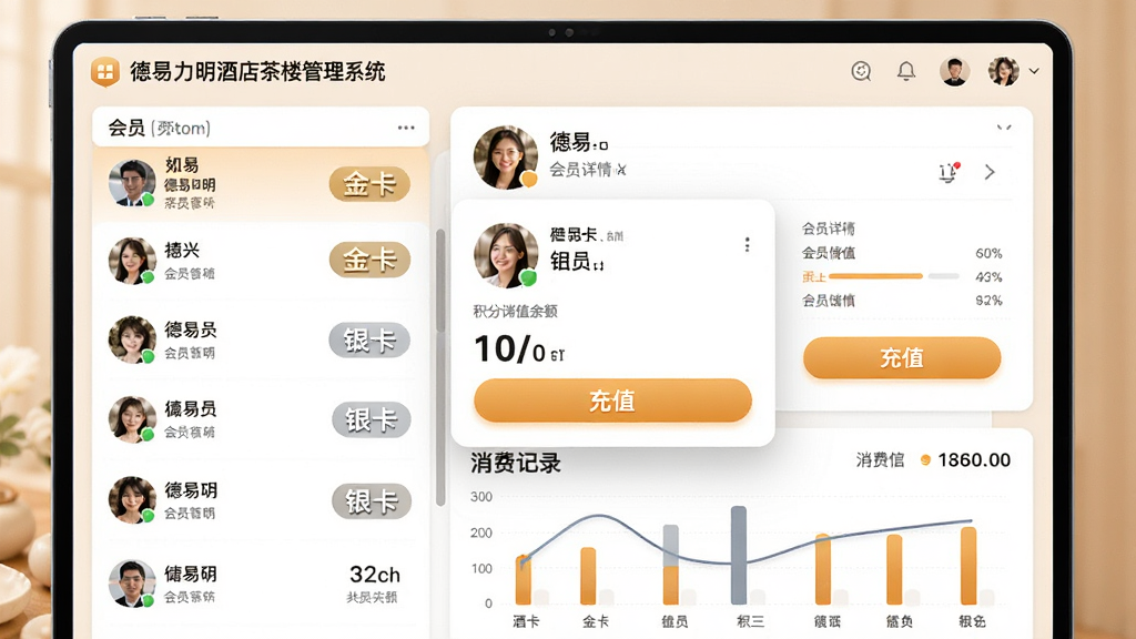 主体:德易力明酒店茶楼管理系统会员管理界面,屏幕显示会员列表、会员详情弹窗、积分与储值余额;布局:左侧为会员列表,右侧为会员详情卡片,底部为消费记录图表;排版:卡片式设计,头像与姓名醒目,数据用柱状图展示;风格:现代简约,色彩温馨;细节:会员等级标签(金卡/银卡)用不同颜色标识,充值按钮高亮;画质:高清渲染,无多余元素。