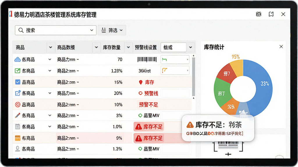 主体:德易力明酒店茶楼管理系统库存管理界面,屏幕显示商品列表、库存数量、预警线设置;布局:表格展示商品信息,顶部为搜索与筛选栏,右侧为库存统计饼图;排版:表格行清晰,预警商品用红色字体标注;风格:简洁实用,数据直观;细节:条码扫描窗口模拟,库存不足时弹出提醒气泡;画质:高清,干净无多余元素。