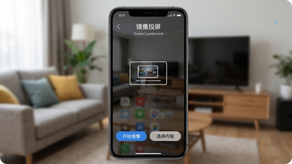 手机屏幕显示“镜像投屏”主界面,界面下方有“开始镜像”和“选择内容”两个按钮,背景为模糊的客厅环境,突出操作灵活性,画质干净,无多余元素