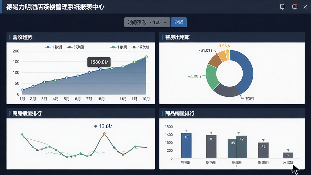 主体:德易力明酒店茶楼管理系统报表中心界面,屏幕显示营收趋势折线图、客房出租率环形图、商品销量排行条形图;布局:图表分块排列,顶部为时间筛选按钮;排版:数据可视化,图例清晰,数值标签显示;风格:商务大数据风格,颜色沉稳;细节:鼠标悬停显示具体数值,导出按钮可点击;画质:高清渲染,无多余元素。