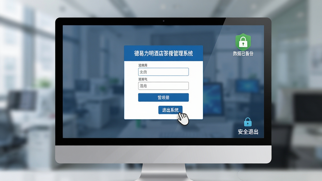 主体:电脑屏幕显示德易力明酒店茶楼管理系统登录界面,鼠标点击“退出系统”按钮;布局:屏幕居中显示登录框,背景模糊处理,右下角有“安全退出”提示;排版:简洁大方,输入框与按钮排列整齐;风格:商务安全,蓝色调;细节:屏幕上有“数据已备份”的绿色提示图标;画质:高清,干净无多余元素。