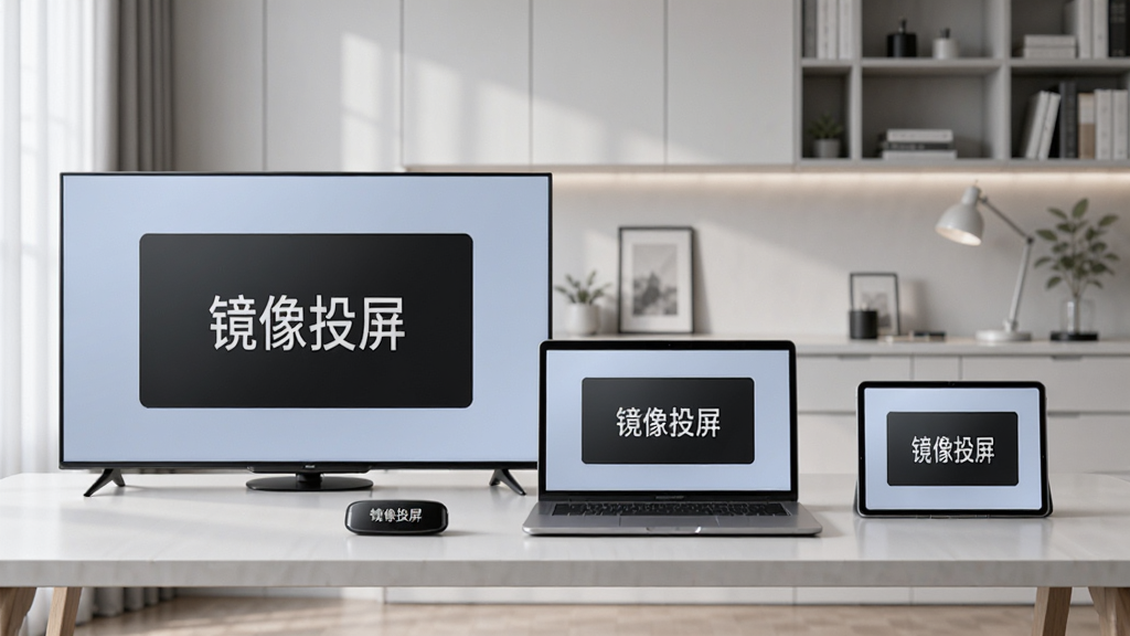 一张桌面摆放着多种智能设备,包括智能电视、笔记本电脑、平板电脑,所有设备屏幕均显示“镜像投屏”的界面,背景为现代简约书房,画质干净,无多余元素