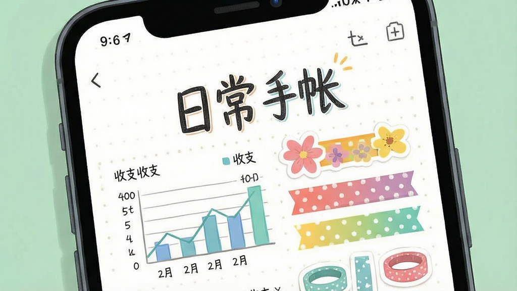 一幅展示日常手帐应用核心界面的高清数字插画,主体是智能手机屏幕内的手帐编辑页面,屏幕中央显示“日常手帐”四个字作为标题,下方有收支图表和彩色贴纸素材,布局清晰,排版美观,风格清新简约,细节丰富,画质细腻干净,无多余元素