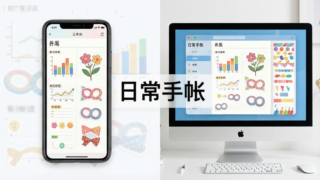 一张展示日常手帐应用在手机和电脑上使用的对比场景图,左侧是手机屏幕显示手帐编辑界面,右侧是电脑显示器显示同一应用界面,中间有“日常手帐”字样,布局清晰,排版整齐,风格现代科技感,细节包括屏幕中的彩色图表和贴纸,画质清晰干净,无多余元素