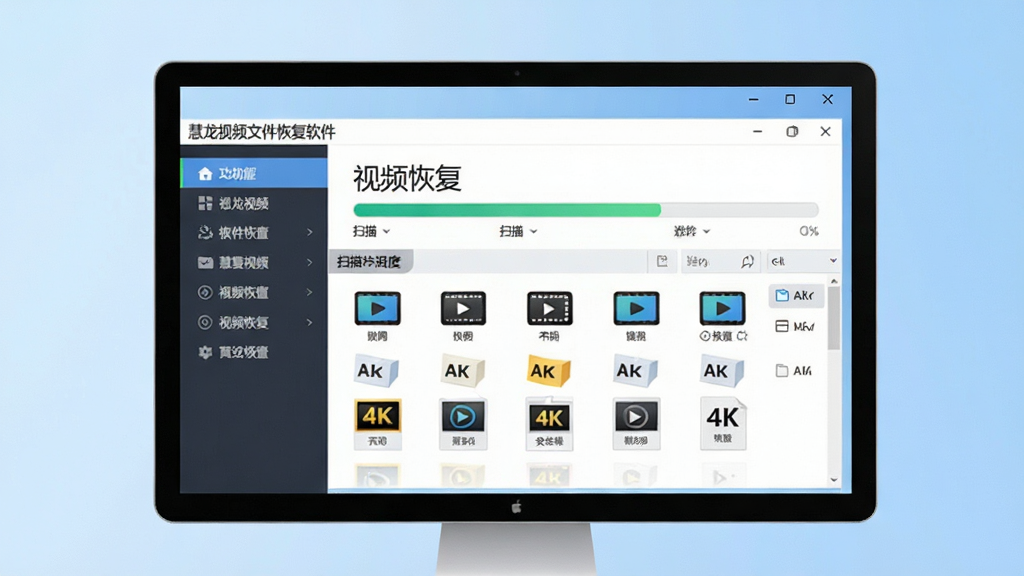 主体:慧龙视频文件恢复软件界面展示在电脑屏幕上,左侧为功能导航,右侧显示扫描进度条和文件列表。布局:居中构图,界面元素清晰排列,上下留白。排版:简洁的扁平化设计,字体为现代中文字体。风格:科技感与专业感并存,背景为淡蓝色渐变。细节:屏幕中显示“视频恢复”字样,文件列表展示多种视频格式图标。画质:4K超清,干净无多余元素。