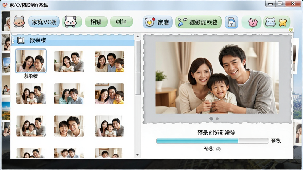 画面主体为家庭VCD相册制作系统软件主界面截图,电脑屏幕上显示温馨的家庭照片墙与光盘刻录进度条,布局采用左右分栏式设计,左侧为照片素材列表,右侧为预览窗口,整体风格清新明亮,细节包含中文按钮标签与可爱图标,画质高清干净,无多余元素