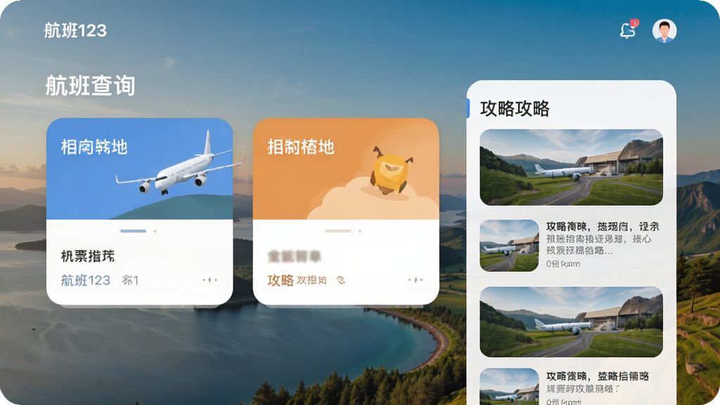 航班123机票查询软件智能推荐页面预览图,展示目的地卡片和攻略文章列表,背景为风景照片,风格清新自然,卡片圆角设计,色彩温馨,排版美观,画质高清,干净无多余元素。
