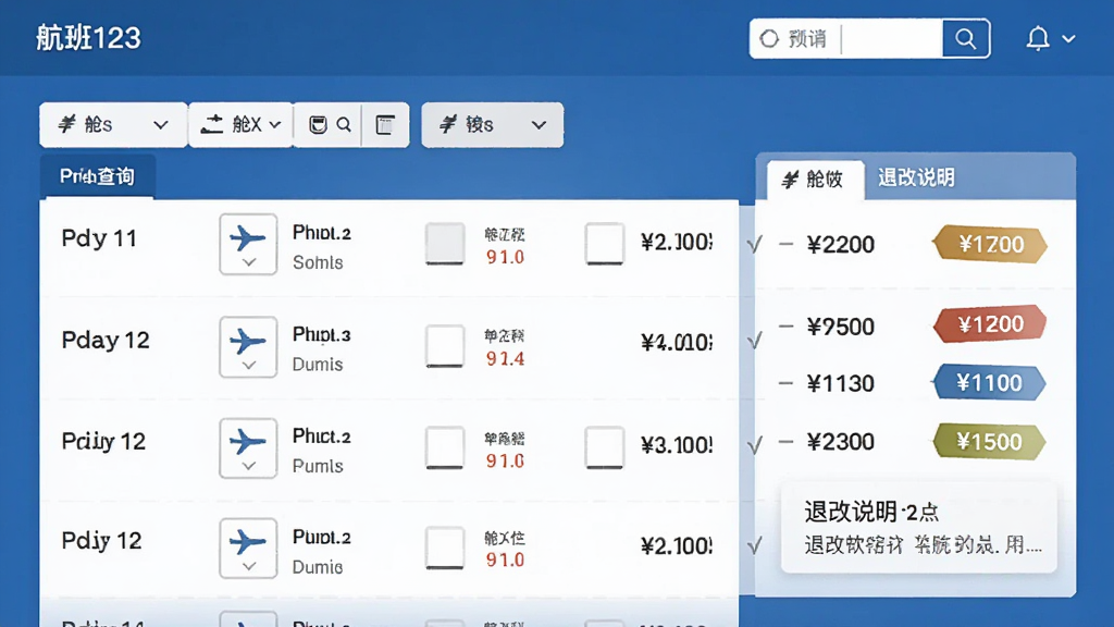 航班123机票查询软件机票预订页面预览图,展示航班列表和价格对比,界面包含舱位选择、价格标签和退改说明,布局清晰,信息层级分明,风格商务简约,蓝色主调,画质高清,干净无多余元素。