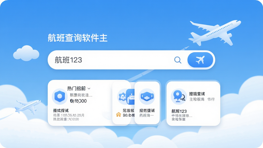 一幅展示航班123机票查询软件主界面的高清截图,画面中央是搜索框和热门目的地推荐卡片,背景为蓝天白云和飞机剪影,整体风格清新简洁,UI图标圆润,色彩以蓝色和白色为主,画质清晰,干净无多余元素。
