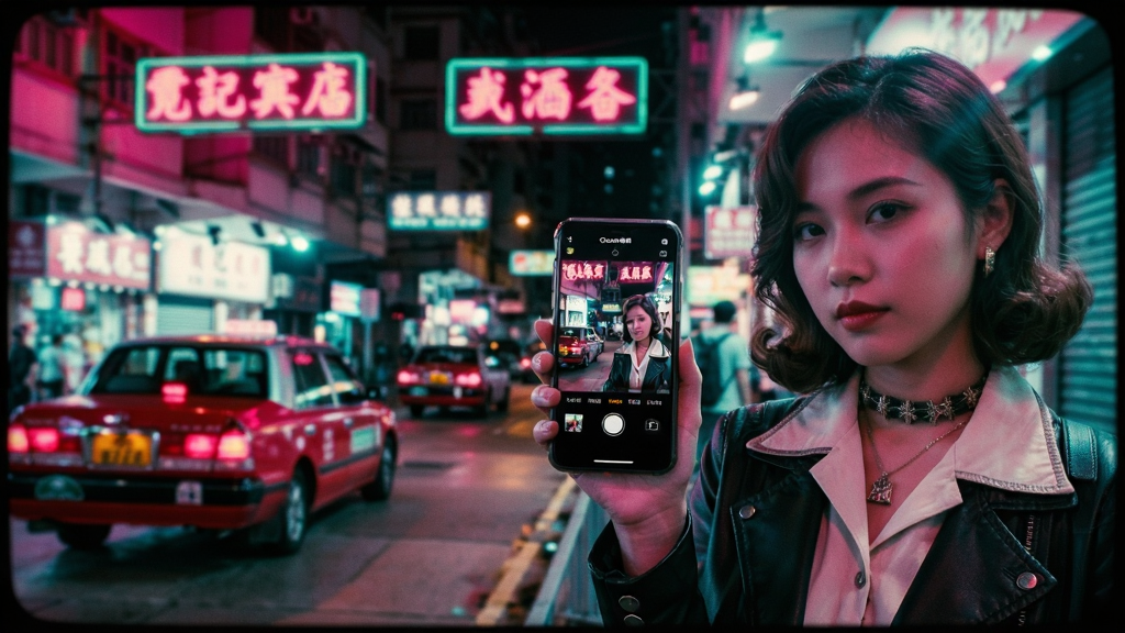 画面主体为一位年轻女性手持手机,屏幕中显示Gloam相机拍摄界面,背景为香港街头霓虹灯下的夜晚,红色出租车与繁体字招牌清晰可见。布局采用三分法构图,人物位于右侧三分之一处,左侧为虚化的街景。整体风格为浓郁港风电影感,色调以洋红与青绿为主,画面带有轻微胶片颗粒与暗角。细节包括人物的复古穿搭、霓虹灯光晕、地面反光。画质高清,干净,无多余元素,屏幕上方显示“Gloam相机”字样。