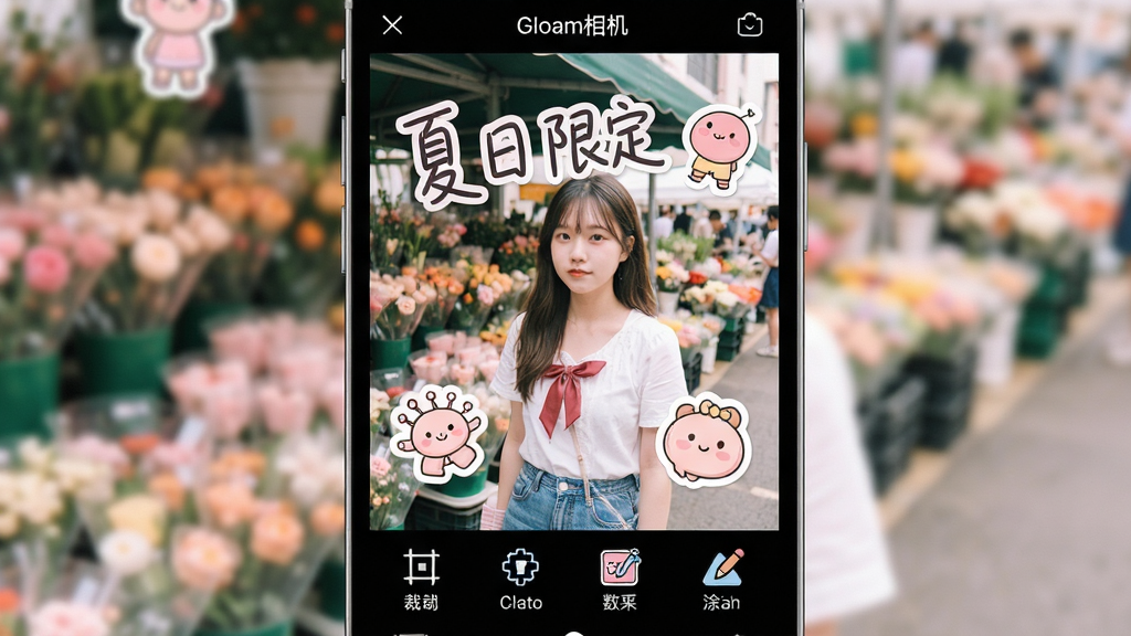 画面主体为手机屏幕展示Gloam相机编辑界面,界面中照片为一位少女在花市场景,照片上叠加了手写文字“夏日限定”与几张贴纸,底部工具栏显示裁剪、滤镜、贴纸、涂鸦等图标。布局为典型的移动端编辑界面,顶部为预览图,下方为横向排列的工具图标。整体风格活泼可爱,色调粉嫩清新,细节包括文字字体的手写感、贴纸的卡通造型。画质清晰,界面干净,无多余元素,屏幕顶部显示“Gloam相机”。