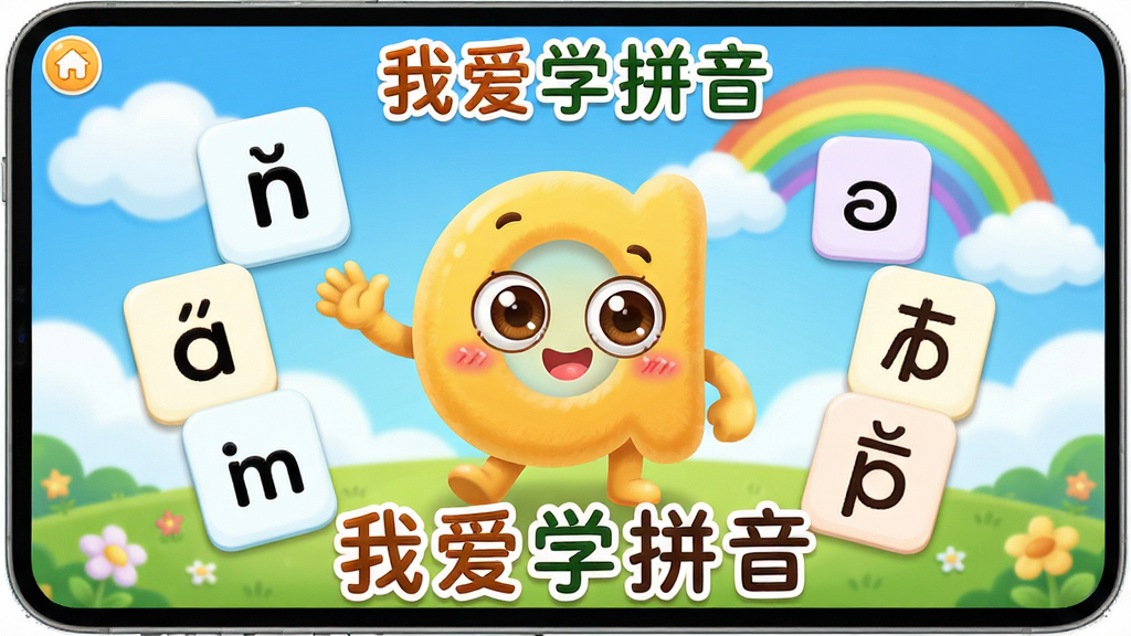 主体为卡通风格的拼音学习软件主界面,画面中央有一个可爱的拼音字母“a”拟人化形象,周围环绕着声母、韵母卡片,背景是蓝天白云和彩虹,布局活泼,排版清晰,风格清新童趣,细节丰富,画质高清,干净无多余元素,文字标注“我爱学拼音”