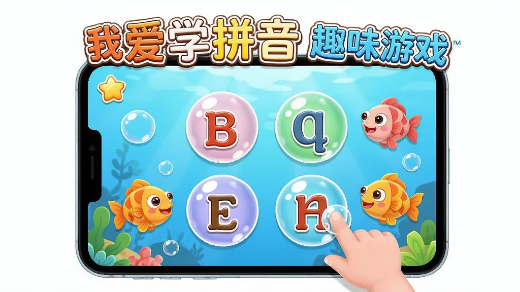 活泼的游戏界面,画面中有拼音字母组成的泡泡和卡通小鱼,孩子正在点击屏幕进行拼音配对游戏,布局生动,排版活泼,风格卡通,细节丰富,画质高清,干净无多余元素,文字标注“我爱学拼音 趣味游戏”