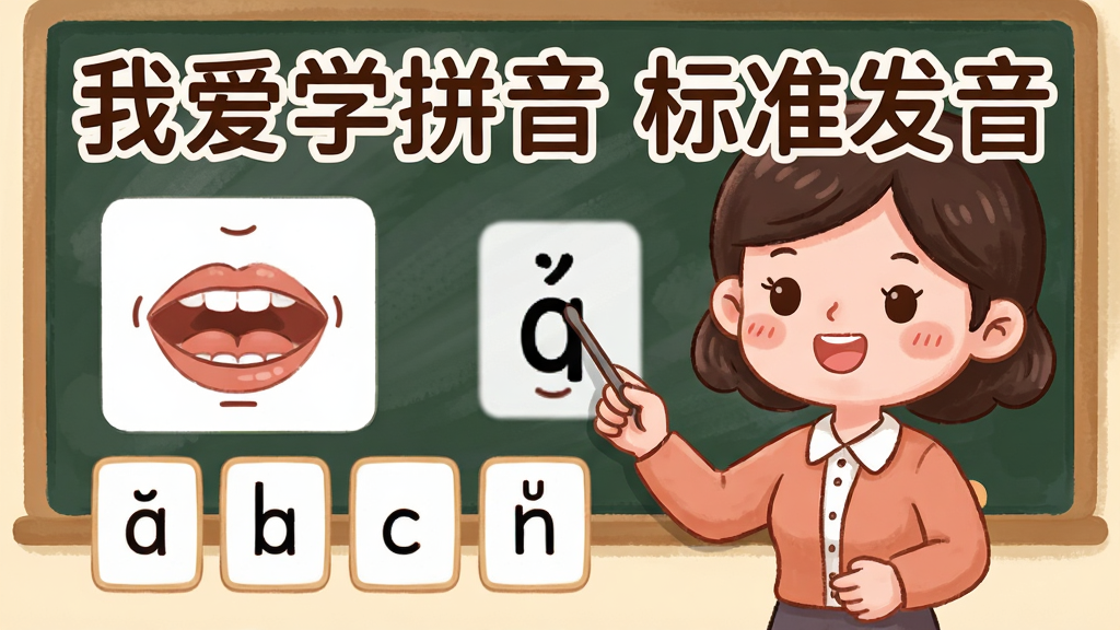 卡通风格的教学场景,一位可爱的老师正在示范拼音发音,旁边有口型示意图和拼音字母卡片,布局以教学为主,排版清晰,风格温馨,细节丰富,画质高清,干净无多余元素,文字标注“我爱学拼音 标准发音”