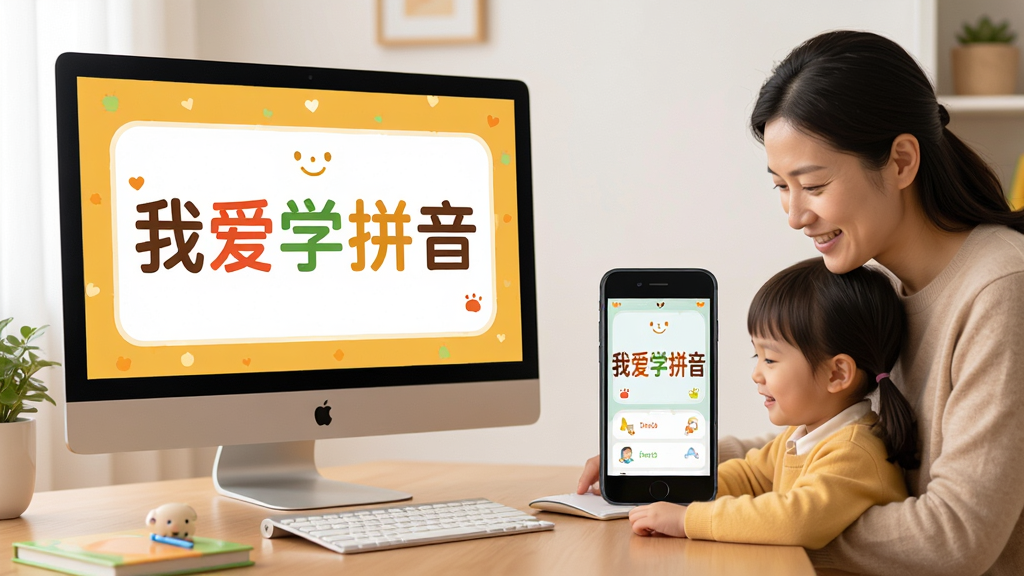 电脑端和手机端同时展示我爱学拼音的界面,左侧是电脑屏幕,右侧是手机屏幕,画面中有家长和孩子一起学习的场景,布局对比明显,排版清晰,风格温馨,细节丰富,画质高清,干净无多余元素