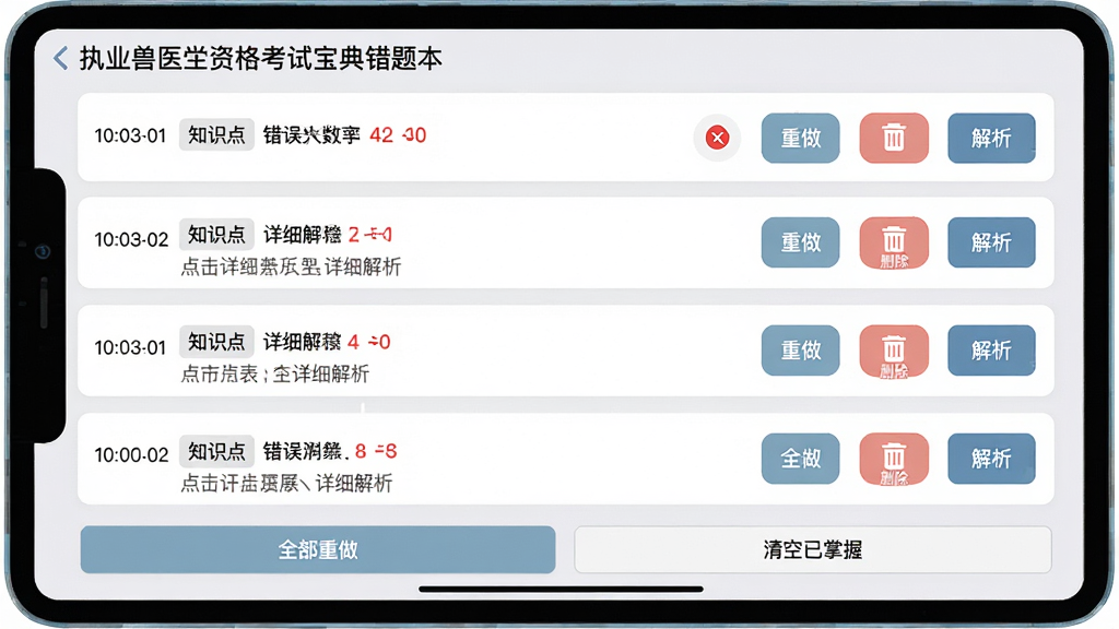 ���壺ִҵ��ҽ�ʸ��Ա�����Ȿ���棬��ʾ�����б���ÿ�����С�����������ɾ��������������ͼ�ꡣ���֣��б�ʽ���֣�ÿ��һ���⣬�Ҳ��в�����ť���ײ��С�ȫ���������͡���������ա���ť���Ű棺���⿨Ƭ��ʱ�䵹�����У���������ú�ɫ���ֱ�ע����񣺼���б���񣬱���Ϊǳ�ң���ƬΪ��ɫ��ϸ�ڣ���Ƭ���С�֪ʶ�㡱��ǩ�������չ����ϸ���������ʣ����壬����ɾ��޶���Ԫ�ء�