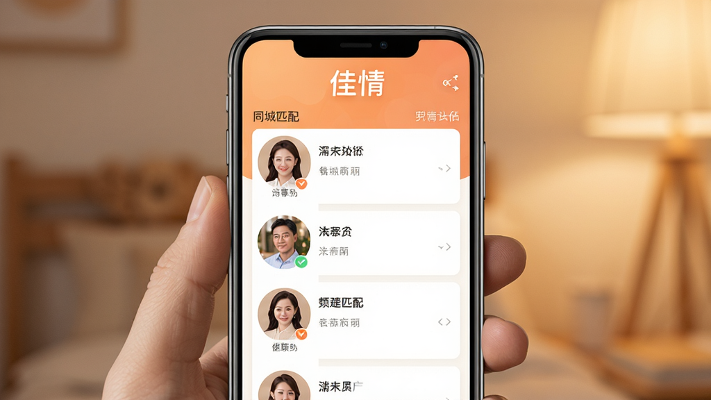 佳情app主界面展示,手机屏幕内显示同城匹配用户列表,界面简洁大气,背景为柔和暖色调,顶部有“佳情”logo,整体风格温馨成熟,画质清晰,干净无多余元素