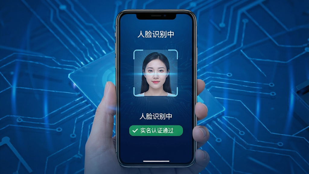 佳情真人认证流程展示,手机界面显示“人脸识别中”和“实名认证通过”字样,背景为蓝色科技感,画质清晰,干净无多余元素