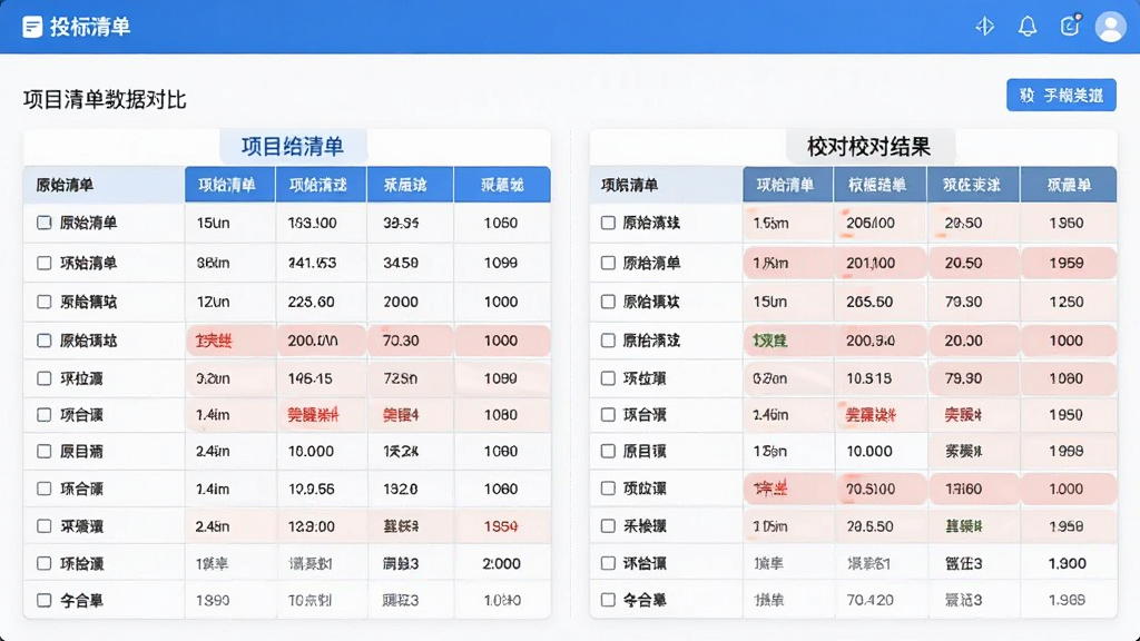 投标助手软件主界面预览图,展示项目清单数据对比表格,左侧为原始清单,右侧为校对结果,界面采用蓝白配色,布局清晰,表格数据高亮显示错误项,风格现代简洁,画质干净无多余元素