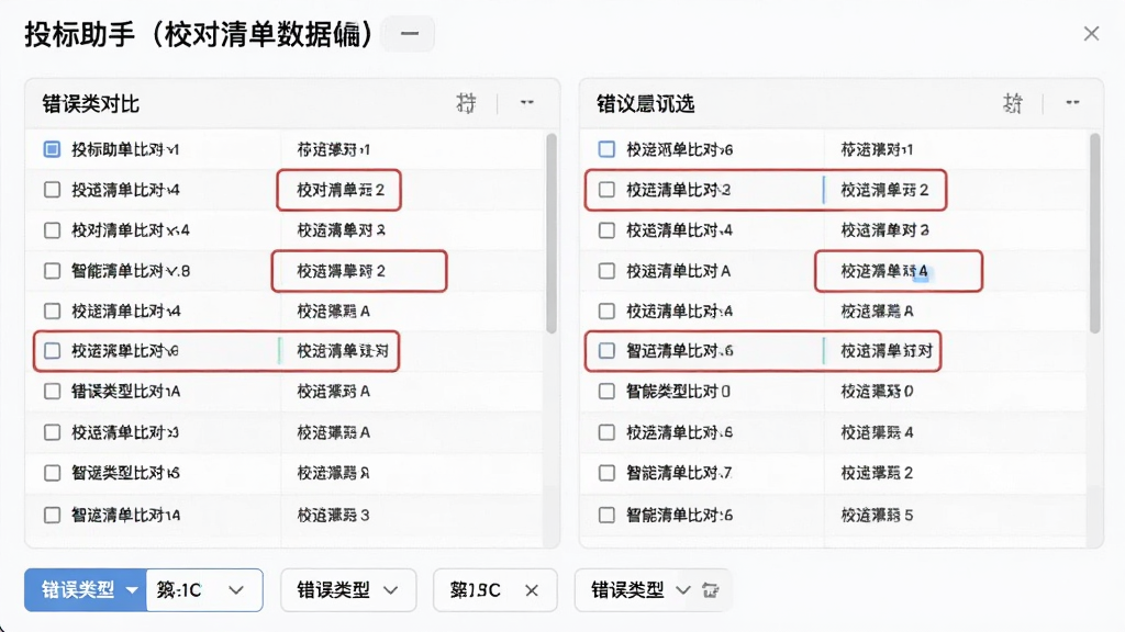 投标助手(校对清单数据)智能清单比对功能截图,显示两份清单并排对比,不同之处用红色框选标注,下方有错误类型筛选按钮,界面字体清晰,布局直观,画质干净