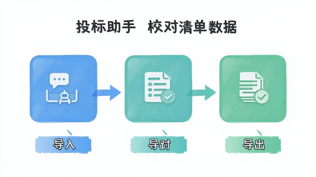 投标助手(校对清单数据)使用教程插图,展示软件操作流程图,包含导入、校对、导出三个步骤,图标化设计,配色清新,布局清晰,画质干净