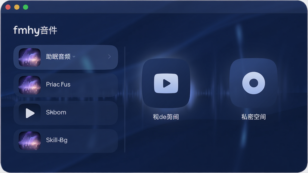 fmhy软件主界面预览图,展示助眠音频列表、视频剪辑工具图标和私密空间入口,整体风格简约现代,以深蓝色为主色调,搭配柔和的光效,界面布局清晰,图标圆润,画质干净,无多余元素