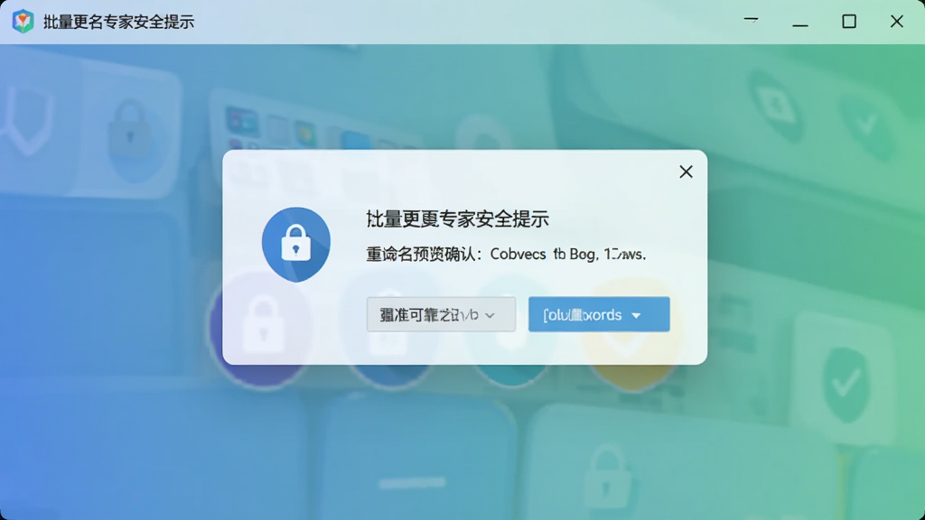 批量更名专家安全提示界面,展示重命名预览确认窗口,带有安全标识图标,背景柔和,文字清晰,强调安全可靠,现代UI风格,画质干净