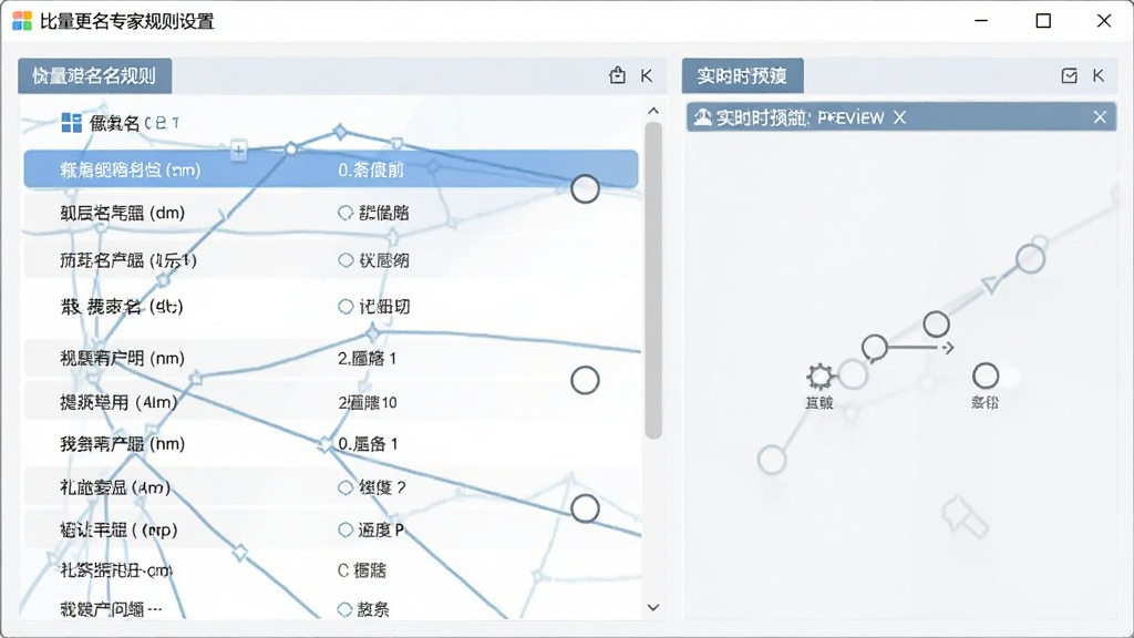 批量更名专家规则设置界面截图,展示多种命名规则选项列表,右侧为实时预览窗口,界面清晰,功能标识明显,现代扁平化设计,画质清晰,无多余杂物