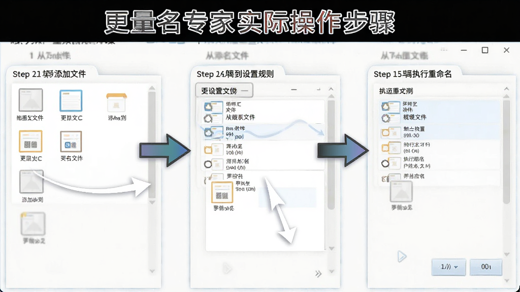 批量更名专家实际操作步骤截图,展示从添加文件到设置规则再到执行重命名的完整流程,界面步骤清晰,箭头指示,背景干净,教学风格,画质清晰