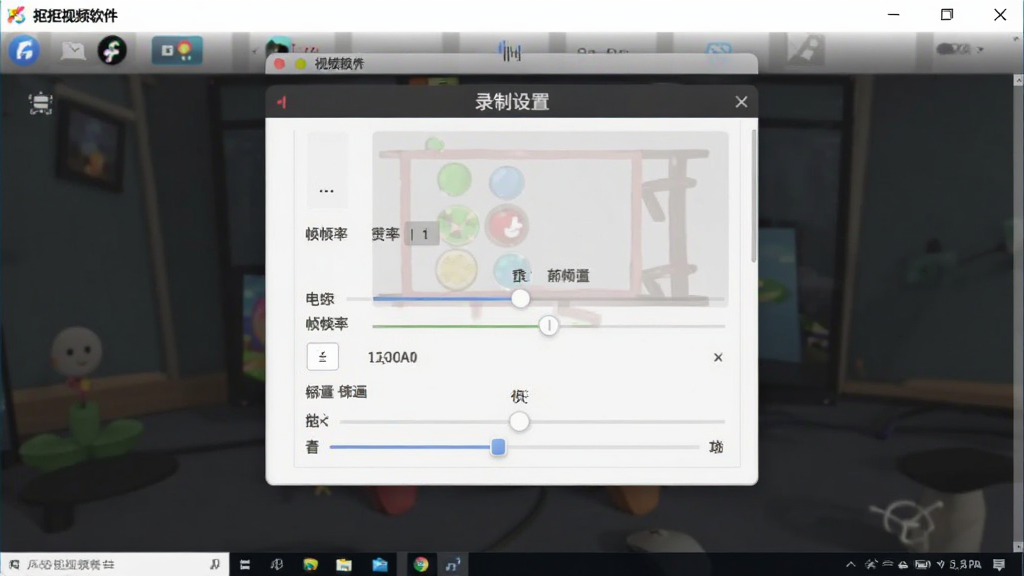 主体为抠抠视频秀软件在电脑上运行的截图,界面显示录制设置面板,布局居中,排版清晰,风格简洁,细节包括帧率选项和音量调节滑块,画质高清干净,无多余元素