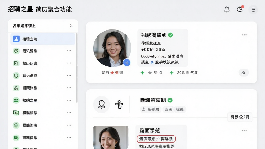 招聘之星简历聚合功能界面截图,左侧为各渠道来源列表,右侧为标准化简历卡片,显示候选人头像与核心信息,背景为浅灰色,UI设计现代,细节丰富,画质高清